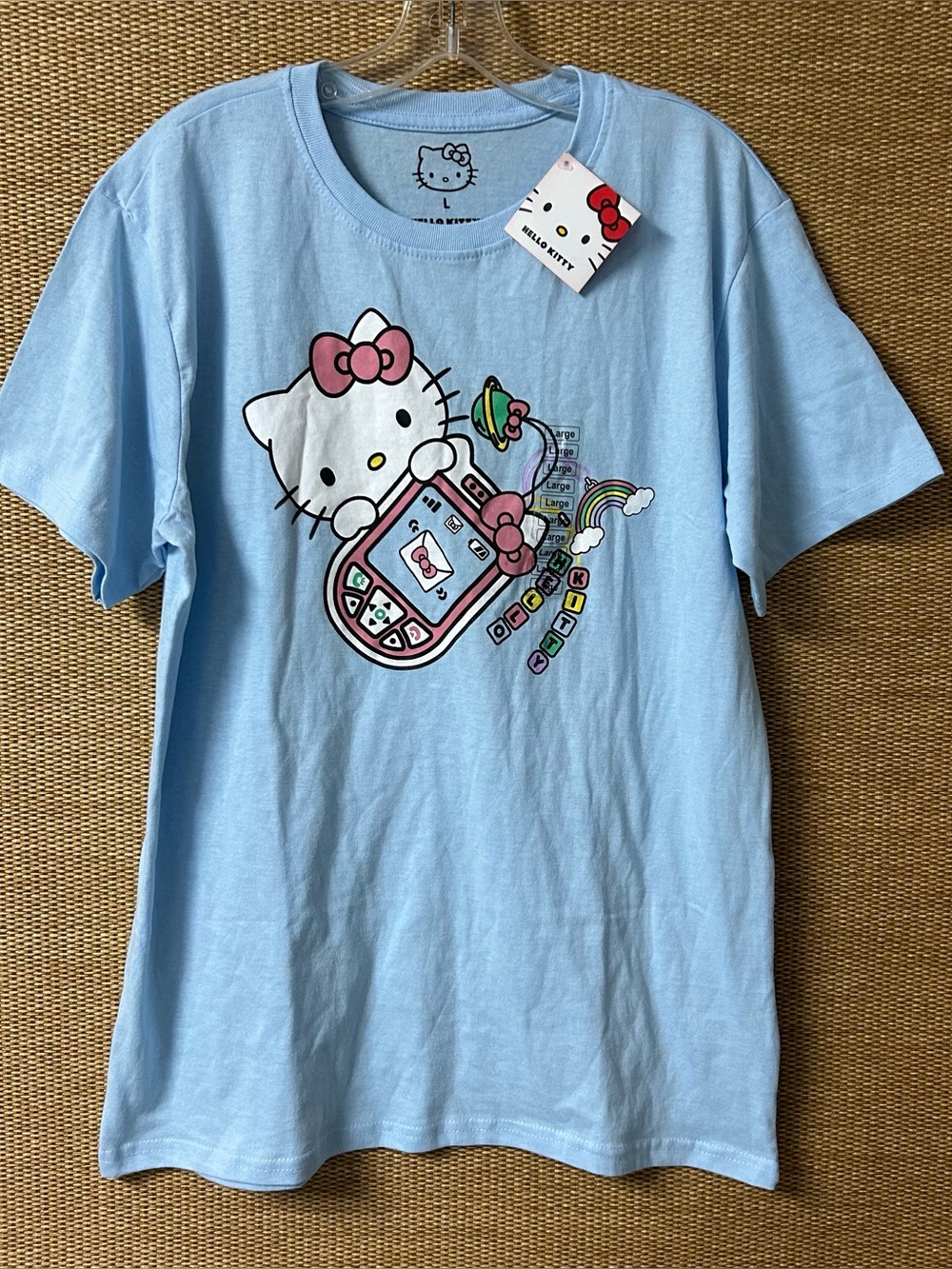 Sanrio Hello Kitty Mobile Charm Graphic Tee Adult Large Blue Short Sleeve NWT